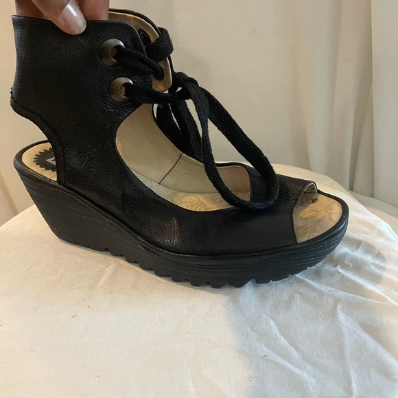 Fly London Black Wedge Sandals - Picture 1 of 6